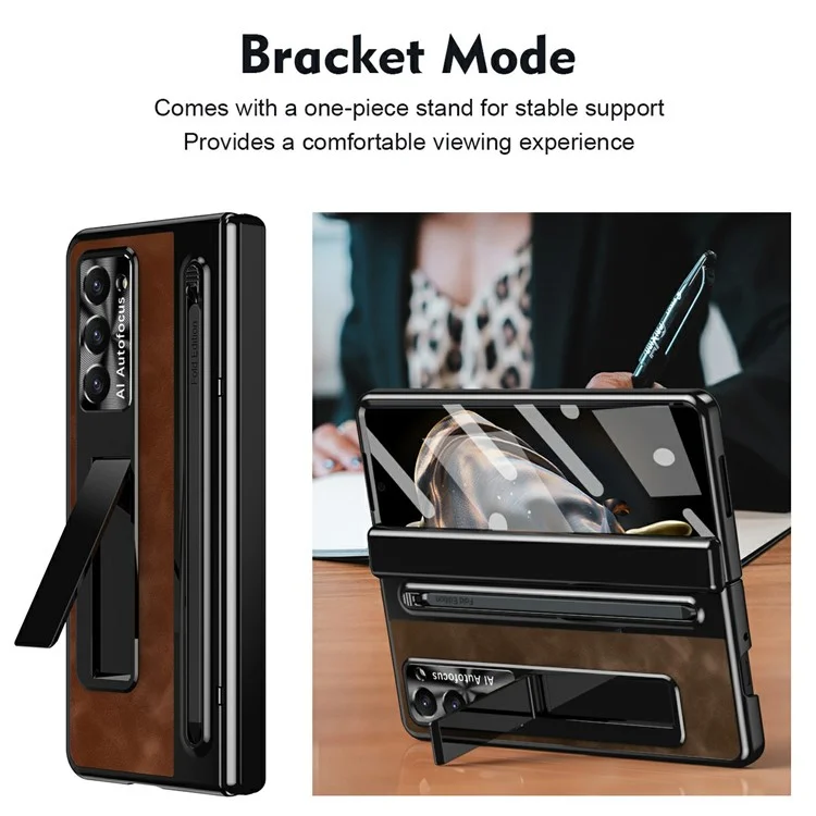 Étui fin en cuir et PC avec support pour Samsung Galaxy Z Fold6, avec film en verre trempé - Café