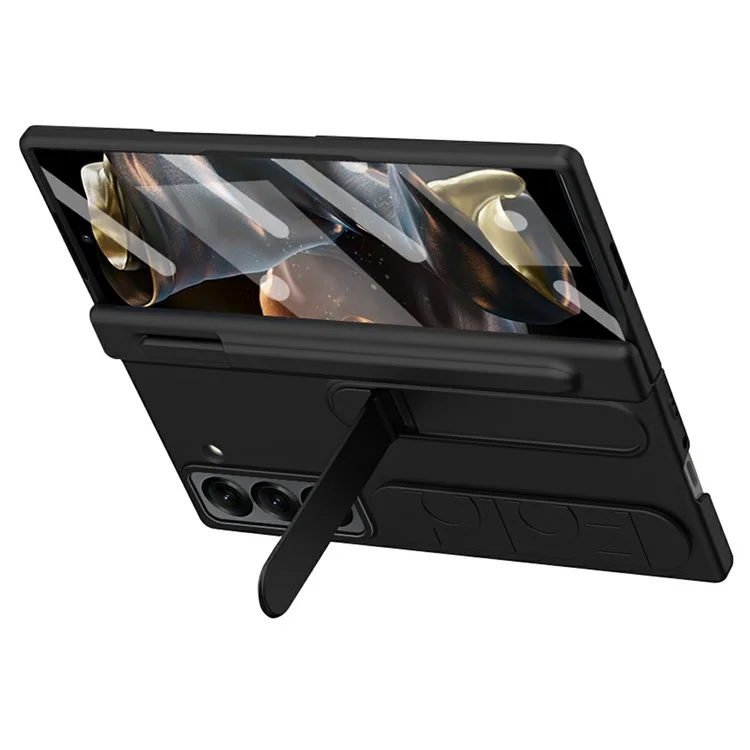 Funda para Samsung Galaxy Z Fold6 con soporte, correa de muñeca y película de vidrio templado - Negro