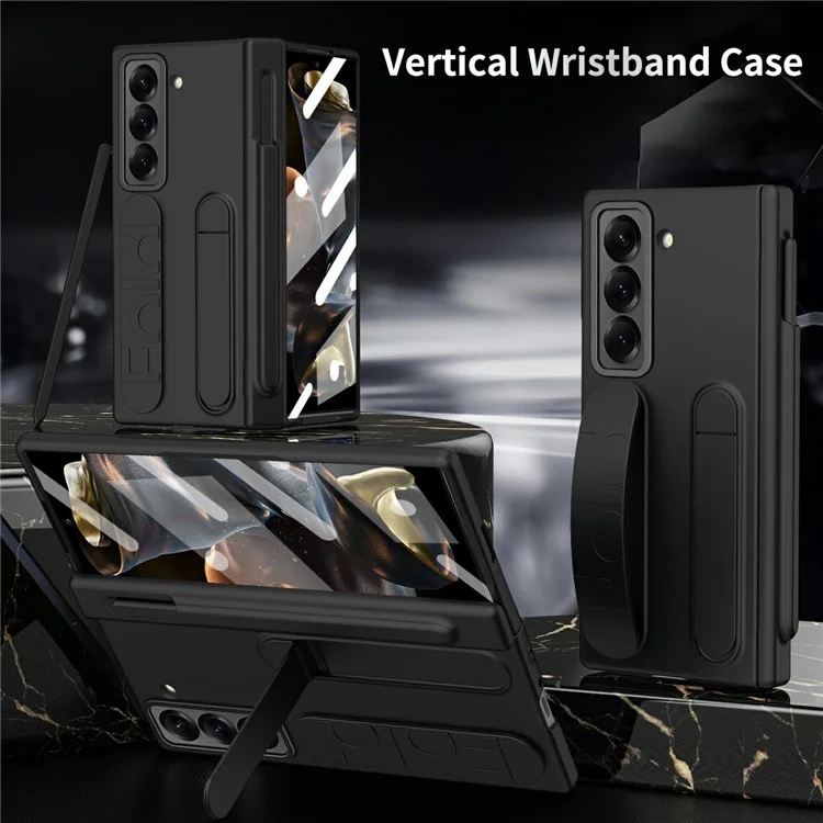 Funda para Samsung Galaxy Z Fold6 con soporte, correa de muñeca y película de vidrio templado - Negro