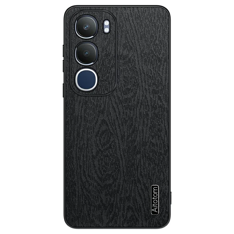 Für vivo Y19s 4G Hülle Holzmaserung PU-Leder beschichtete PC+TPU Handyhülle - Schwarz