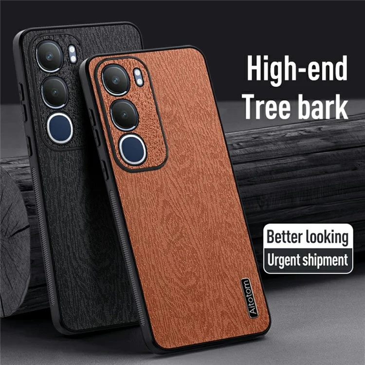 Für vivo Y19s 4G Hülle Holzmaserung PU-Leder beschichtete PC+TPU Handyhülle - Schwarz