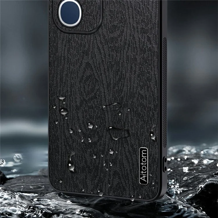 Für vivo Y19s 4G Hülle Holzmaserung PU-Leder beschichtete PC+TPU Handyhülle - Schwarz