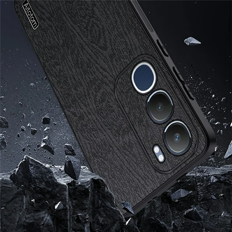Für vivo Y19s 4G Hülle Holzmaserung PU-Leder beschichtete PC+TPU Handyhülle - Schwarz