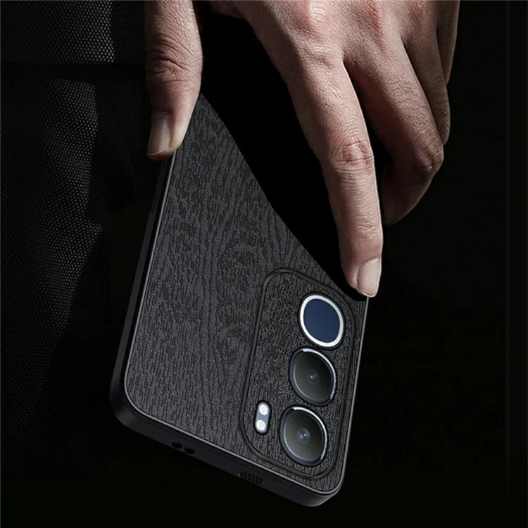 Für vivo Y19s 4G Hülle Holzmaserung PU-Leder beschichtete PC+TPU Handyhülle - Schwarz