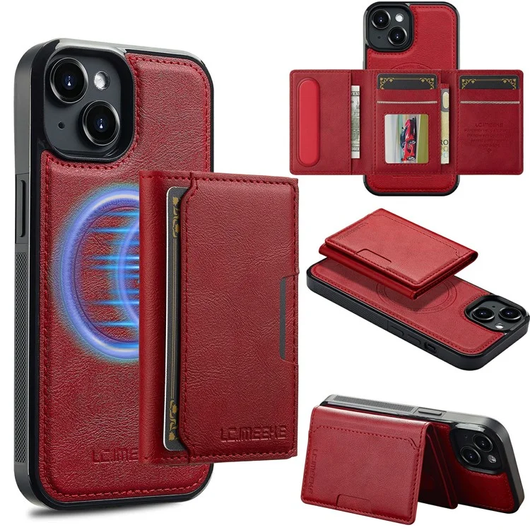 Étui de téléphone magnétique LC.IMEEKE L5 pour iPhone 15 avec dos en cuir et porte-carte amovible - Rouge