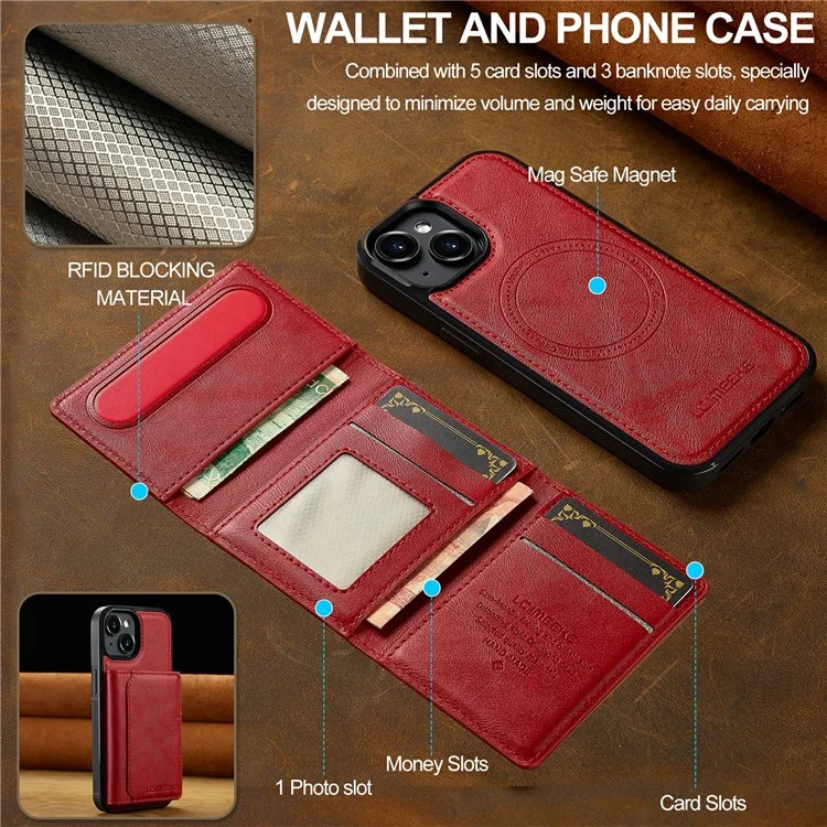 Étui de téléphone magnétique LC.IMEEKE L5 pour iPhone 15 avec dos en cuir et porte-carte amovible - Rouge
