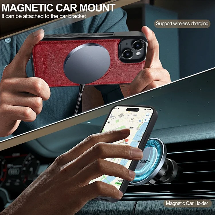 Étui de téléphone magnétique LC.IMEEKE L5 pour iPhone 15 avec dos en cuir et porte-carte amovible - Rouge