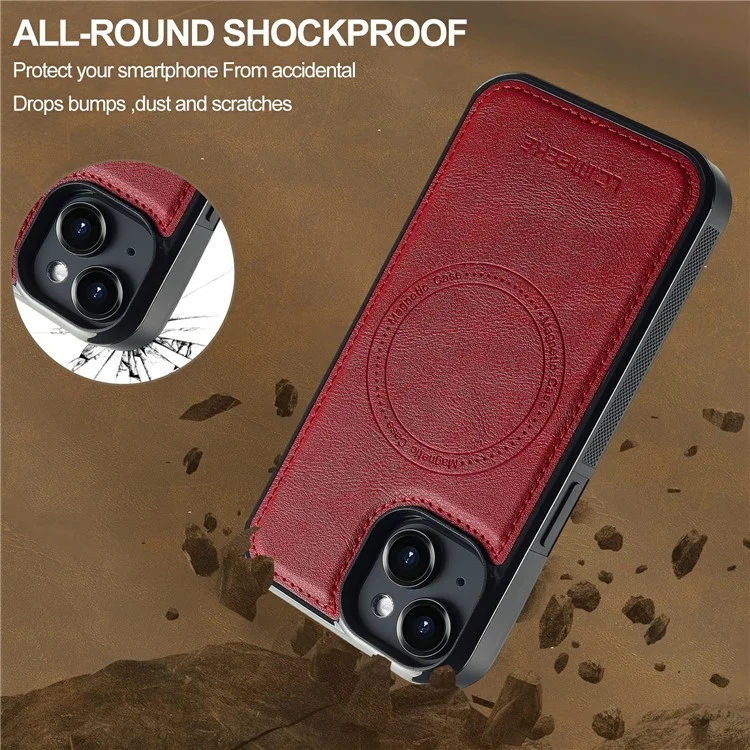 Étui de téléphone magnétique LC.IMEEKE L5 pour iPhone 15 avec dos en cuir et porte-carte amovible - Rouge