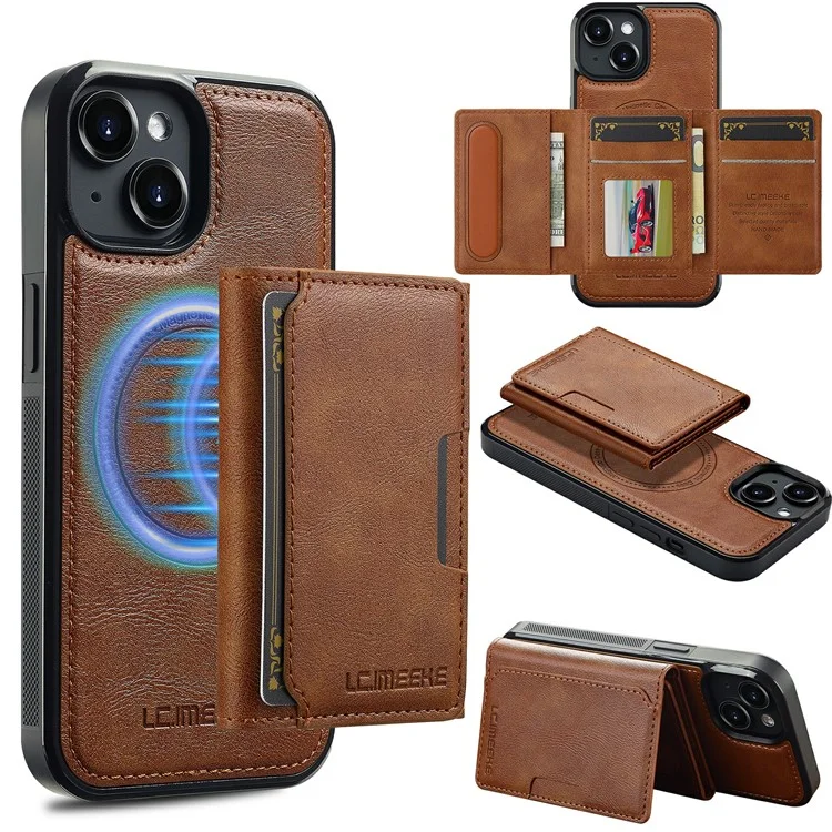 LC.IMEEKE L5 Magnetic Leather Phone Case for iPhone 15 with Detachable Card Slot - Brown