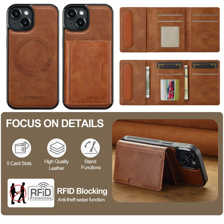 LC.IMEEKE L5 Magnetic Leather Phone Case for iPhone 15 with Detachable Card Slot - Brown