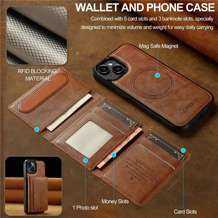 LC.IMEEKE L5 Magnetic Leather Phone Case for iPhone 15 with Detachable Card Slot - Brown