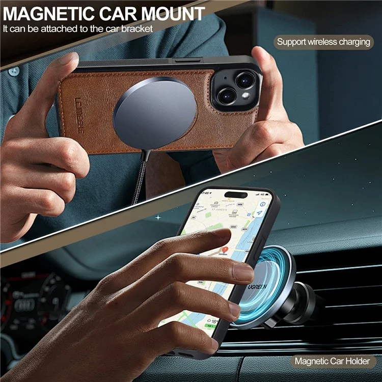 LC.IMEEKE L5 Magnetic Leather Phone Case for iPhone 15 with Detachable Card Slot - Brown