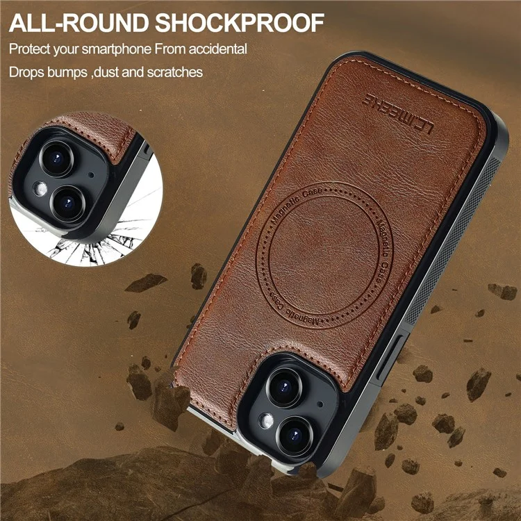 LC.IMEEKE L5 Magnetic Leather Phone Case for iPhone 15 with Detachable Card Slot - Brown