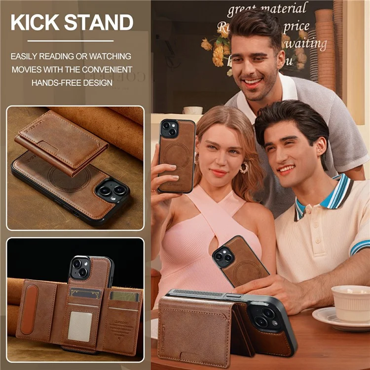 LC.IMEEKE L5 Magnetic Leather Phone Case for iPhone 15 with Detachable Card Slot - Brown