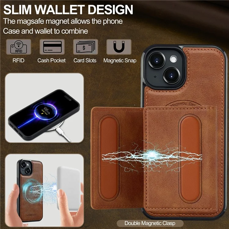 LC.IMEEKE L5 Magnetic Leather Phone Case for iPhone 15 with Detachable Card Slot - Brown