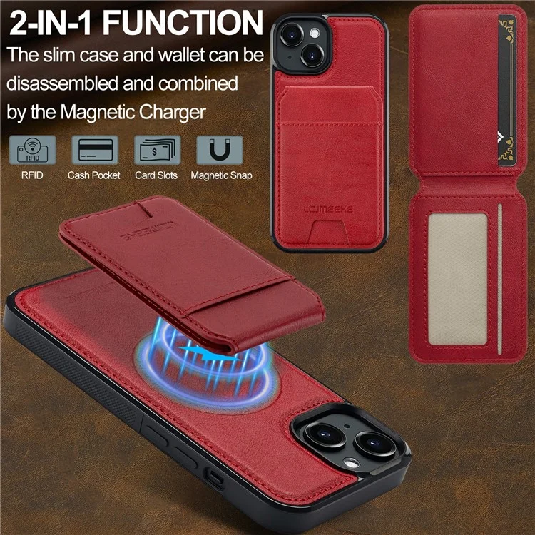 LC.IMEEKE L3 For iPhone 15 Plus Magnetic Case Detachable Card Holder Leather+TPU Mobile Cover - Red