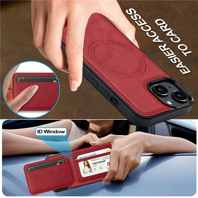 LC.IMEEKE L3 For iPhone 15 Plus Magnetic Case Detachable Card Holder Leather+TPU Mobile Cover - Red