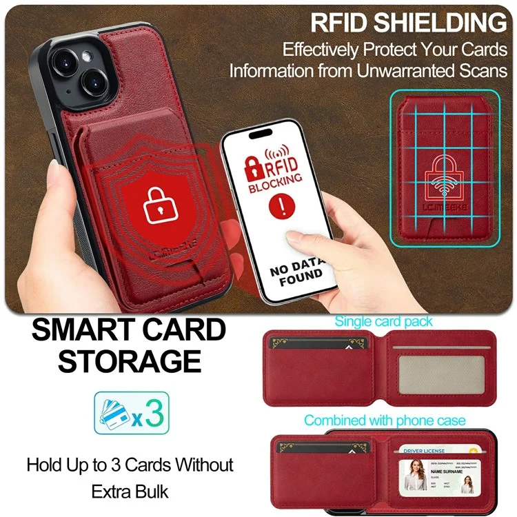 LC.IMEEKE L3 For iPhone 15 Plus Magnetic Case Detachable Card Holder Leather+TPU Mobile Cover - Red