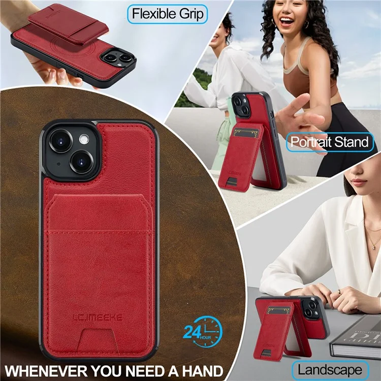 LC.IMEEKE L3 For iPhone 15 Plus Magnetic Case Detachable Card Holder Leather+TPU Mobile Cover - Red