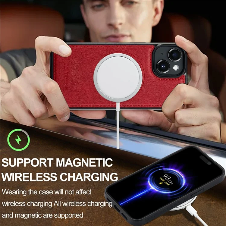 LC.IMEEKE L3 For iPhone 15 Plus Magnetic Case Detachable Card Holder Leather+TPU Mobile Cover - Red