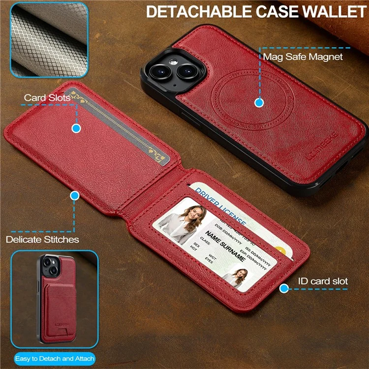 LC.IMEEKE L3 For iPhone 15 Plus Magnetic Case Detachable Card Holder Leather+TPU Mobile Cover - Red