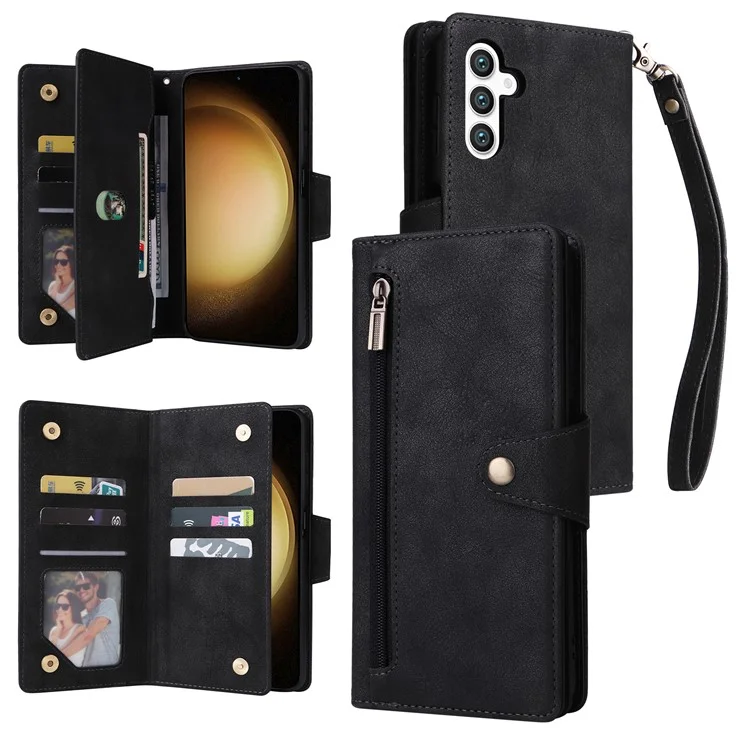 Custodia a portafoglio in pelle con cerniera per Samsung Galaxy S25+ / S24+, supporto, decorazione con rivetti - Nero
