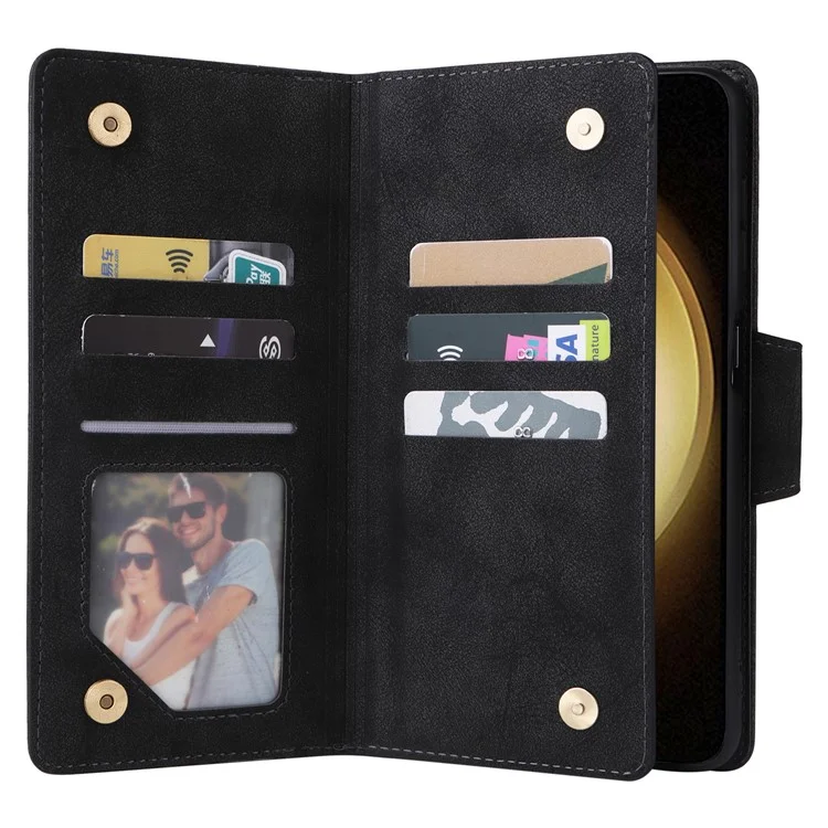 Custodia a portafoglio in pelle con cerniera per Samsung Galaxy S25+ / S24+, supporto, decorazione con rivetti - Nero