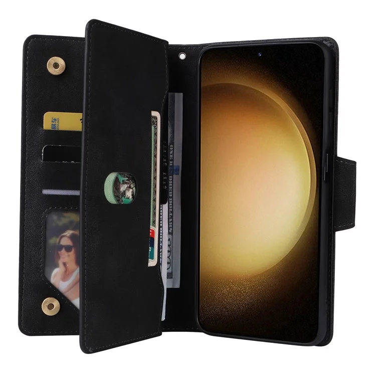 Custodia a portafoglio in pelle con cerniera per Samsung Galaxy S25+ / S24+, supporto, decorazione con rivetti - Nero