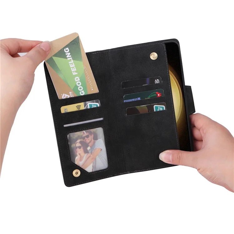 Custodia a portafoglio in pelle con cerniera per Samsung Galaxy S25+ / S24+, supporto, decorazione con rivetti - Nero