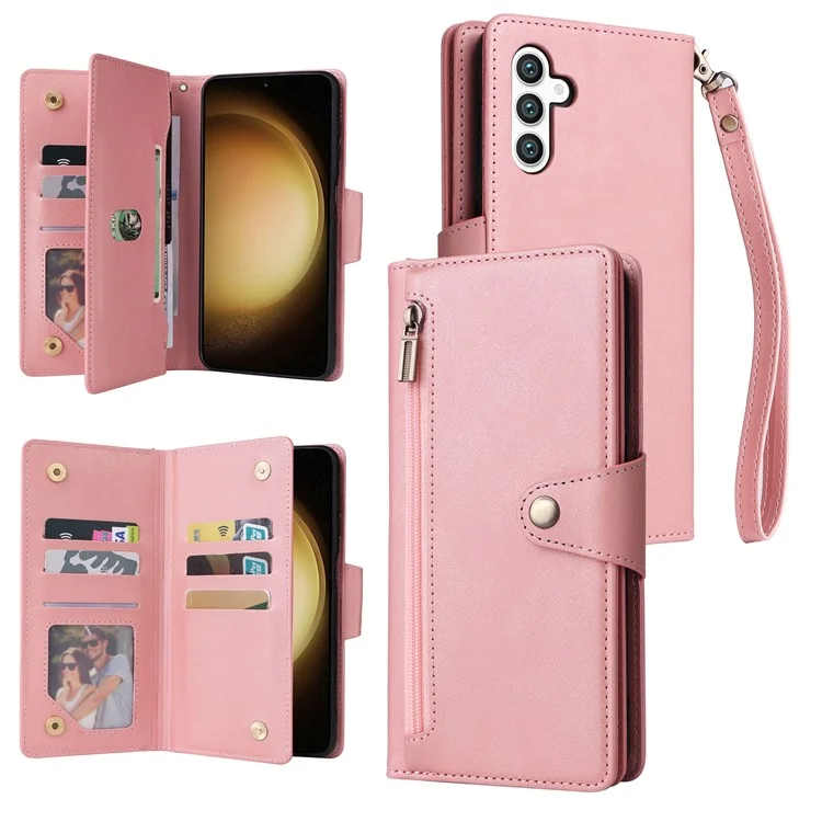 Étui portefeuille en cuir avec fermeture éclair, support et décoration de rivets pour Samsung Galaxy S25+ / S24+ - Or rose