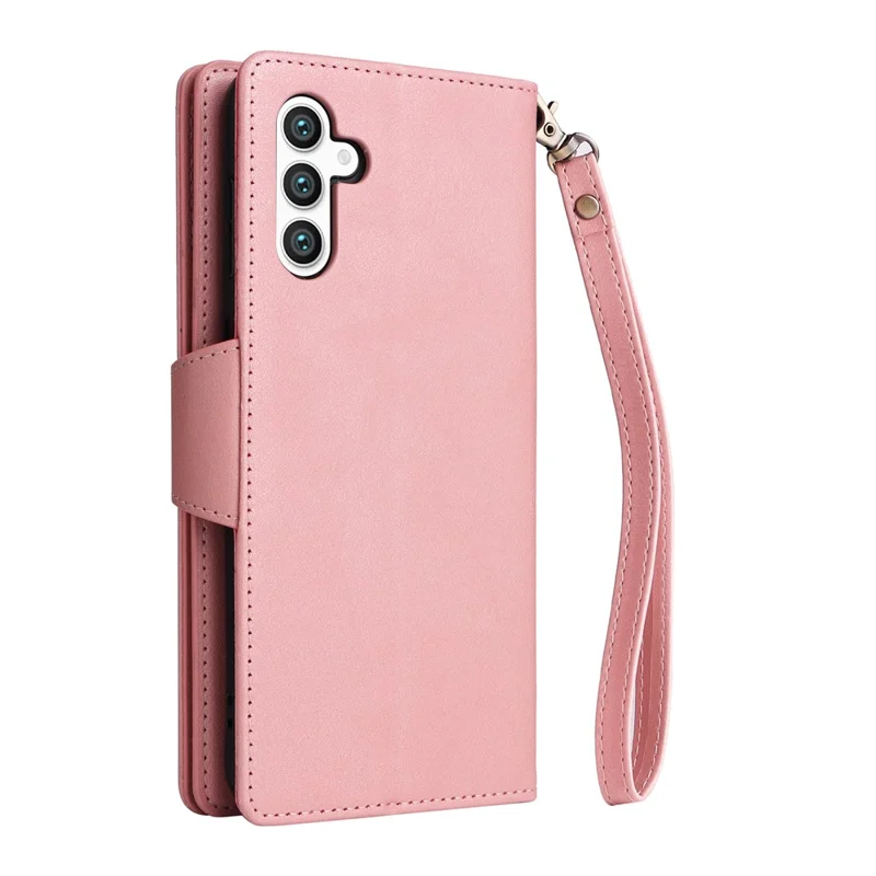 Étui portefeuille en cuir avec fermeture éclair, support et décoration de rivets pour Samsung Galaxy S25+ / S24+ - Or rose