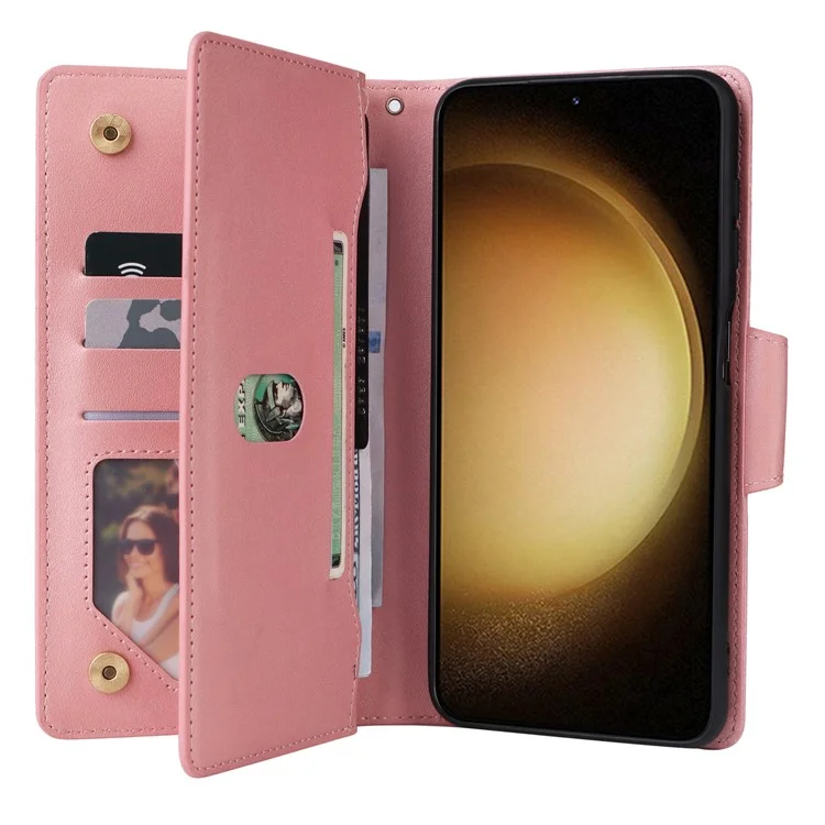 Étui portefeuille en cuir avec fermeture éclair, support et décoration de rivets pour Samsung Galaxy S25+ / S24+ - Or rose