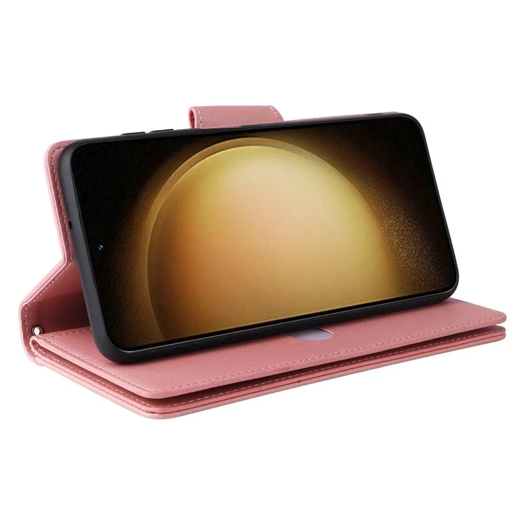 Étui portefeuille en cuir avec fermeture éclair, support et décoration de rivets pour Samsung Galaxy S25+ / S24+ - Or rose