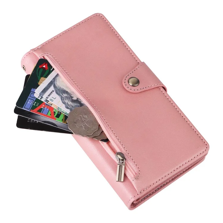 Étui portefeuille en cuir avec fermeture éclair, support et décoration de rivets pour Samsung Galaxy S25+ / S24+ - Or rose