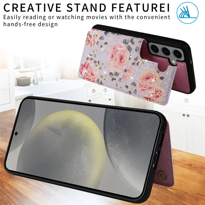 Für Samsung Galaxy S25 Hülle Blumen Leder+TPU RFID-blockierende Handyhülle mit Kartenfächern - Rose