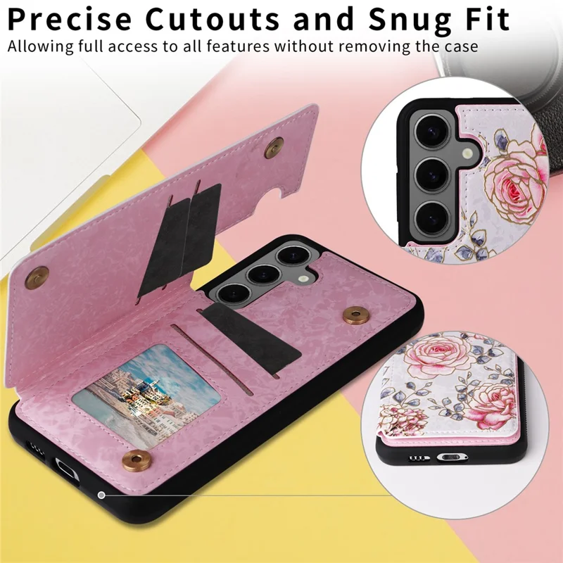 Für Samsung Galaxy S25 Hülle Blumen Leder+TPU RFID-blockierende Handyhülle mit Kartenfächern - Rose