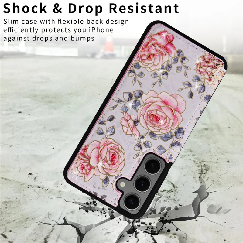 Für Samsung Galaxy S25 Hülle Blumen Leder+TPU RFID-blockierende Handyhülle mit Kartenfächern - Rose