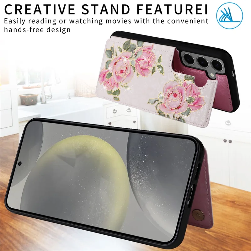 For Samsung Galaxy S25 Case Flower Leather+TPU RFID Blocking Phone Cover Card Slots - Rose Flower