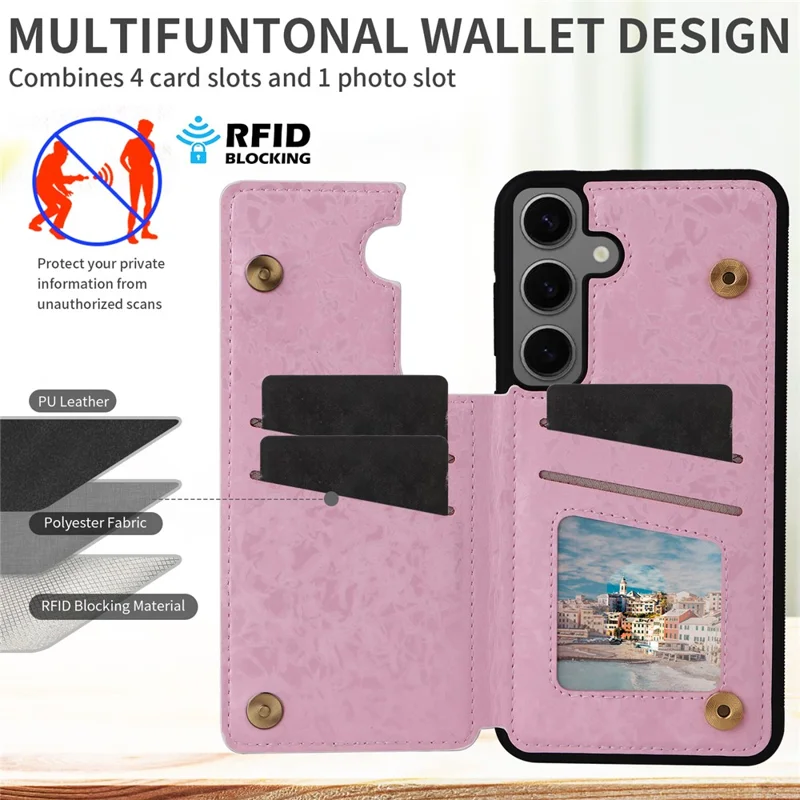 For Samsung Galaxy S25 Case Flower Leather+TPU RFID Blocking Phone Cover Card Slots - Rose Flower