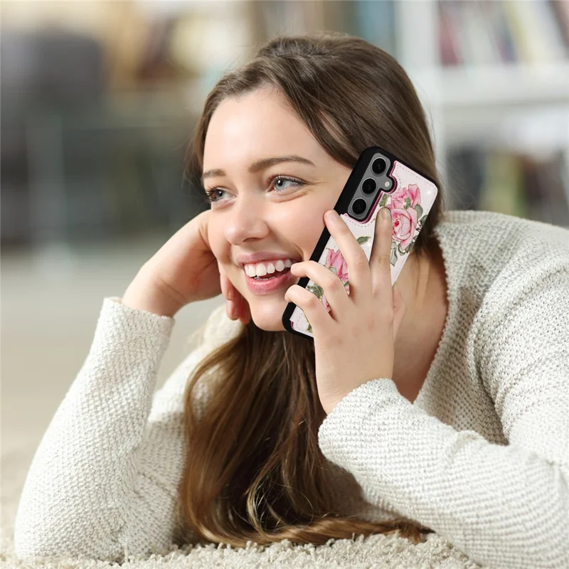 For Samsung Galaxy S25 Case Flower Leather+TPU RFID Blocking Phone Cover Card Slots - Rose Flower