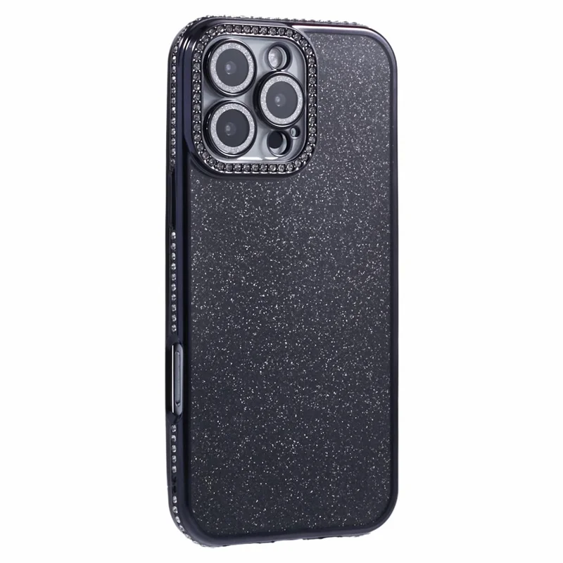 Für iPhone 16 Pro Hülle Kameraobjektiv-Schutz Klare Telefonrückseite Rhinestone-Dekor Mit Glitzerpapier - Schwarz