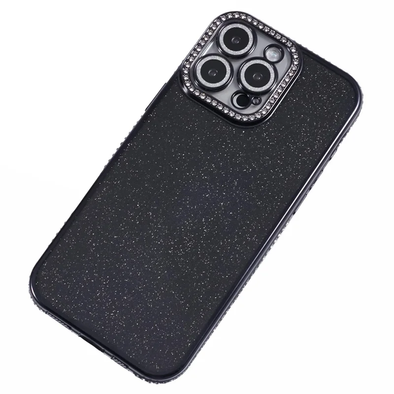 Für iPhone 16 Pro Hülle Kameraobjektiv-Schutz Klare Telefonrückseite Rhinestone-Dekor Mit Glitzerpapier - Schwarz