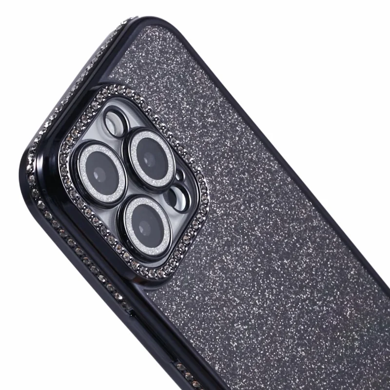 Für iPhone 16 Pro Hülle Kameraobjektiv-Schutz Klare Telefonrückseite Rhinestone-Dekor Mit Glitzerpapier - Schwarz