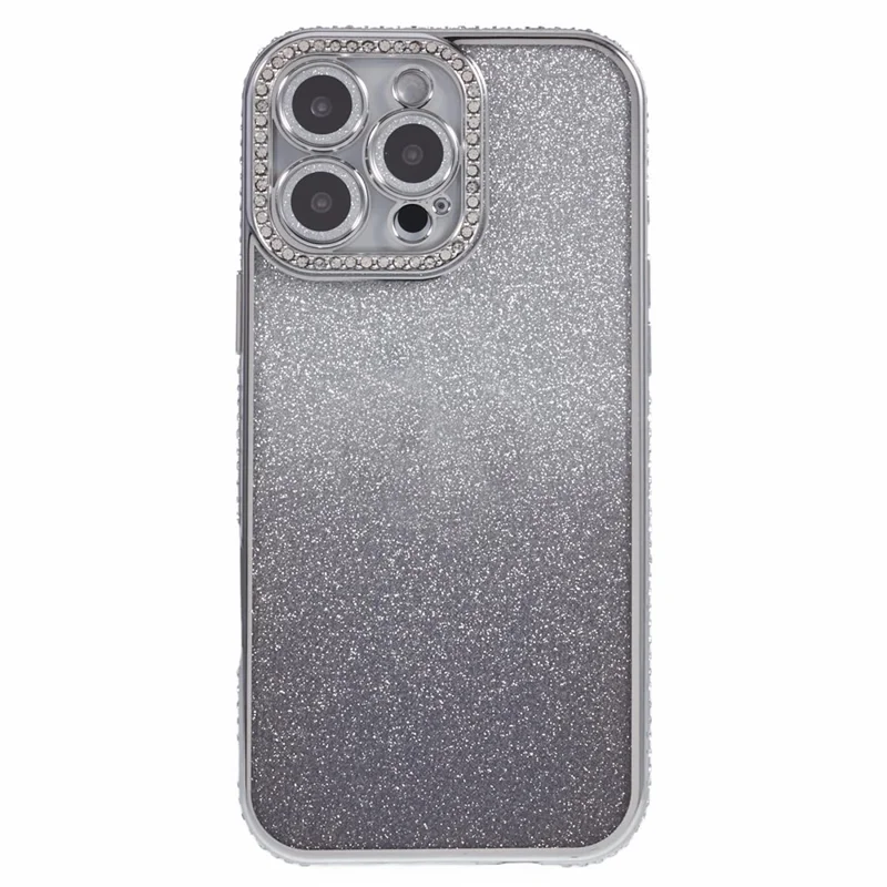 For iPhone 16 Pro Case Camera Lens Guard Clear Phone Back Cover Rhinestone Decor With Glitter Paper - Gradient Silver