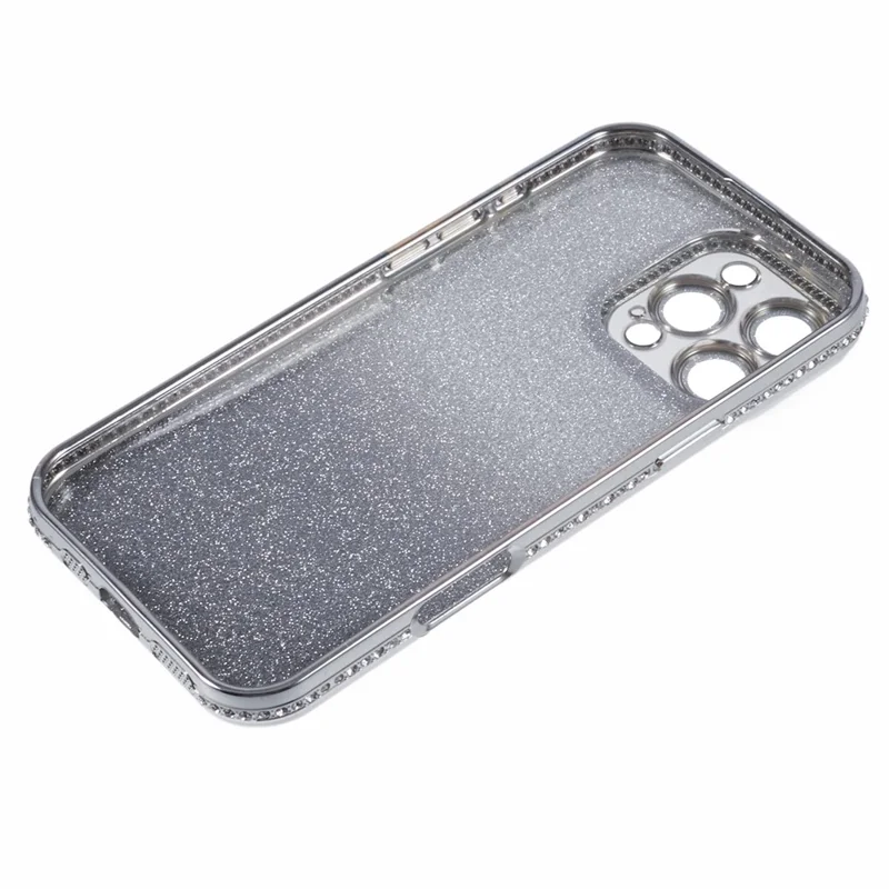 For iPhone 16 Pro Case Camera Lens Guard Clear Phone Back Cover Rhinestone Decor With Glitter Paper - Gradient Silver