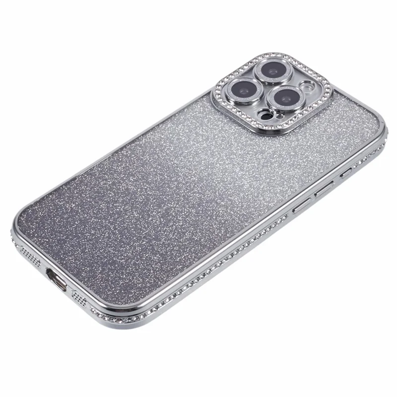 For iPhone 16 Pro Case Camera Lens Guard Clear Phone Back Cover Rhinestone Decor With Glitter Paper - Gradient Silver