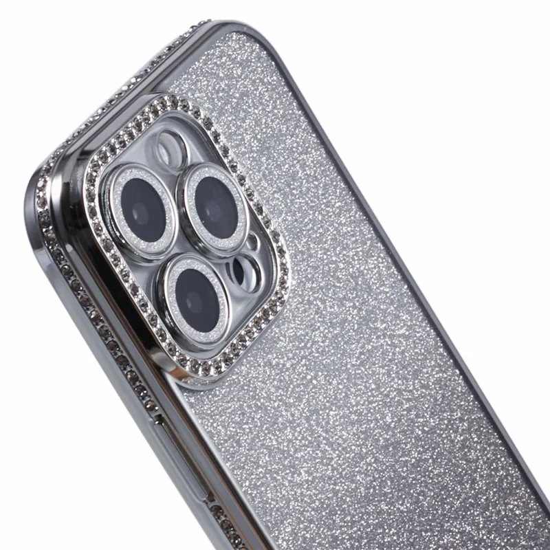For iPhone 16 Pro Case Camera Lens Guard Clear Phone Back Cover Rhinestone Decor With Glitter Paper - Gradient Silver
