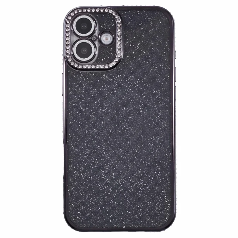 Für iPhone 16 Plus Hülle Kameraobjektiv-Schutz Klare Handy-Rückseite Abdeckung Rhinestone-Dekoration Mit Glitzer-Papier - Schwarz