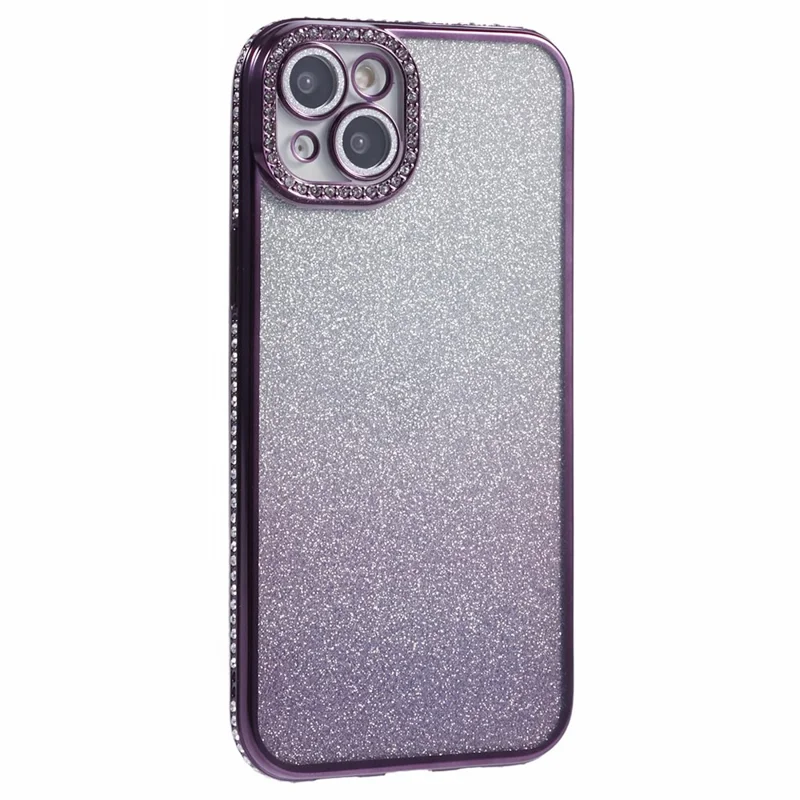 For iPhone 15 Case Camera Lens Guard Clear Phone Back Cover Rhinestone Decor With Glitter Paper - Gradient Dark Purple