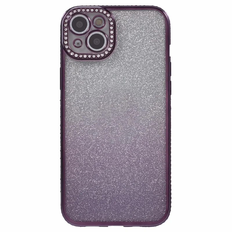 For iPhone 15 Case Camera Lens Guard Clear Phone Back Cover Rhinestone Decor With Glitter Paper - Gradient Dark Purple